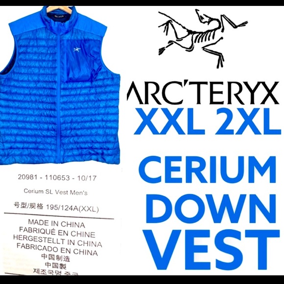 Arc'teryx Other - NWOT ARCTERYX XXL RIGEL BLUE DOWN CERIUM SL VES. CHEST POCKET, MAPPING OF FILL.